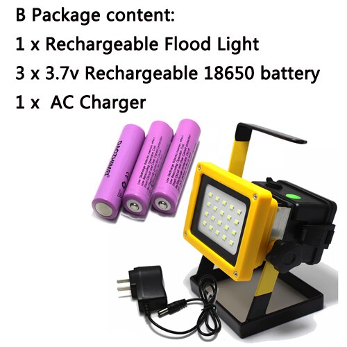Led Spotlight 18650 light 30W 20leds light Waterproof Outdoor led rechargeable Flood light US EU charger 3x18650 battery: B