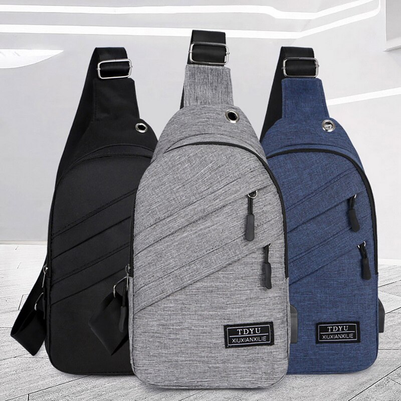 Litthing Crossbody Bags Men Zipper Solid Waist Bag Leather Shoulder Bags Chest Bag USB With Hole Back Handbag Packs Purse