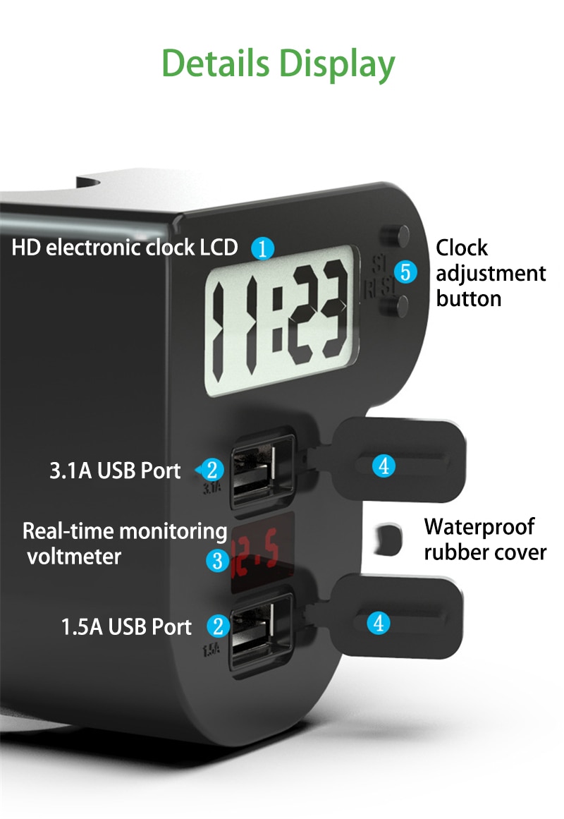 Motorrad schnell aufladen Dual USB 5V 3.1A/1.5A Ladegerät Motorrad Digitale Uhr LED Voltmeter Wasserdichte USB Abdeckung Zubehör