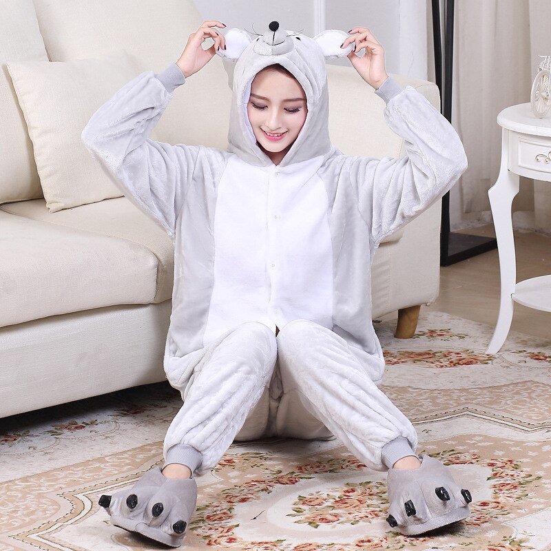 Mouse Pajama Women Animal Kigurumis Gray Onesie Funny Sleepwear Halloween Party Jumpsuit Good Flannel Soft Warm Overalls