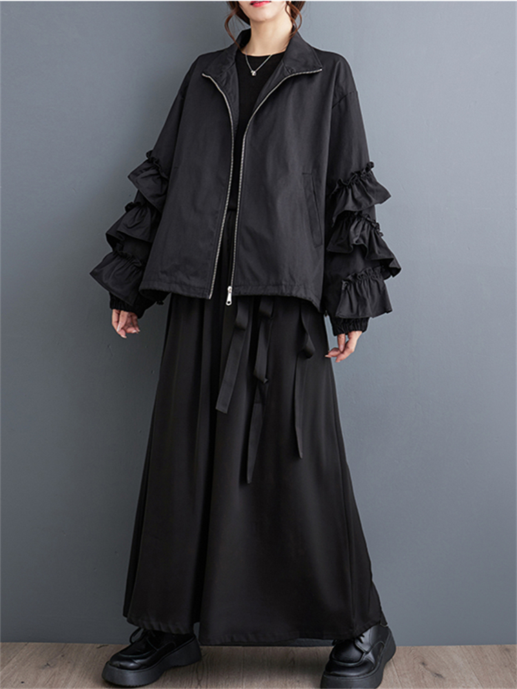 Übergroße schwarze Jahrgang geraffte Damen jacken Frühling Herbst lässig verlieren Jacke Mantel Strickjacke Kleidung Oberbekleidung 2024: Ursprünglich Titel