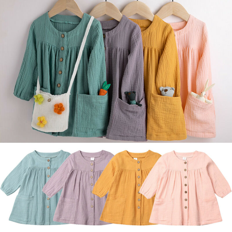 Casual Capretti Del Bambino Della Ragazza Abito Semplice di Cotone di Tela Solido A-Line Bottoni Tasche del Vestito A Maniche Lunghe Ragazze del Vestito di Autunno Vestiti 1-6Y