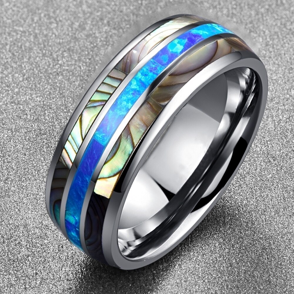 FDLK 8mm Wide Inlaid Shells Blue Opal Stainless Steel Men Rings Never Fade Engagement Ring Men's Jewelry