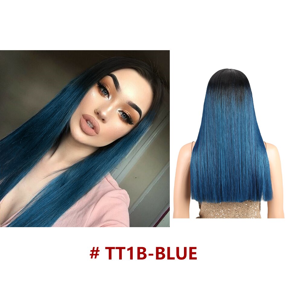 Bella Longue Droite Ombre Bleu & Vert Rose Blond Violet Violet Noir Bleu vert cheveux pièce 7 couleurs Résistant À La Chaleur Synthétique Dentelle Perruques Pour Les Femmes 20 pouce partie médiane droite colorée perruq: TT1B-BLUE