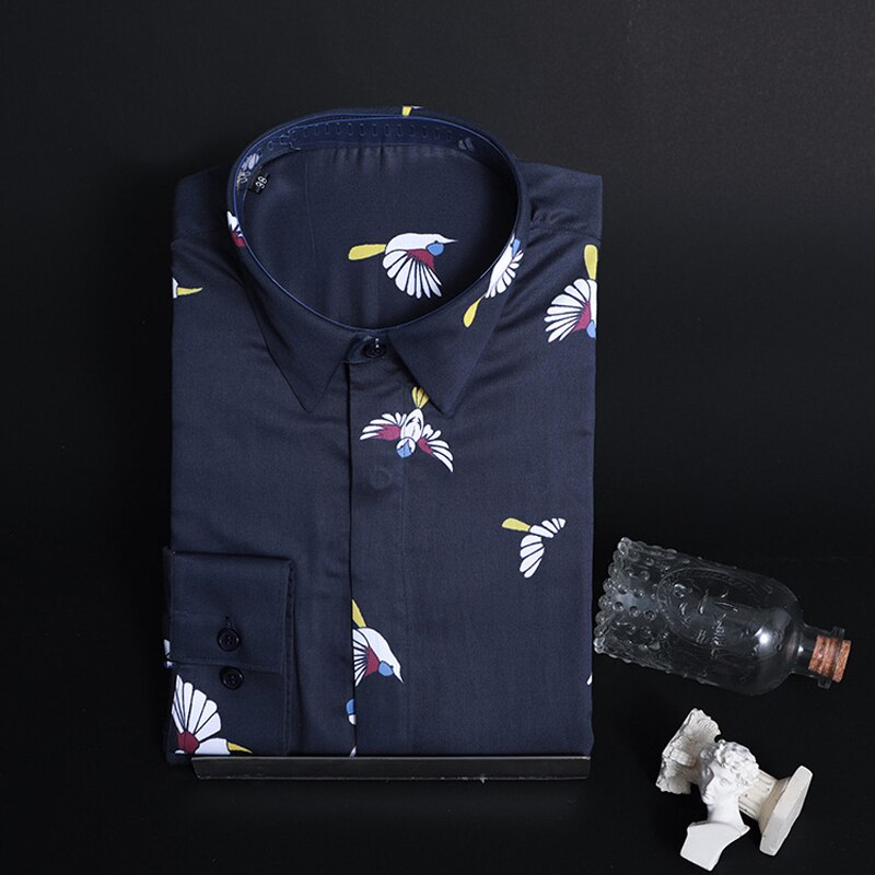 Camisa con estampado de pájaro para hombre, ropa de algodón de manga larga, ajustada, informal, de talla grande, nueva , a la ,