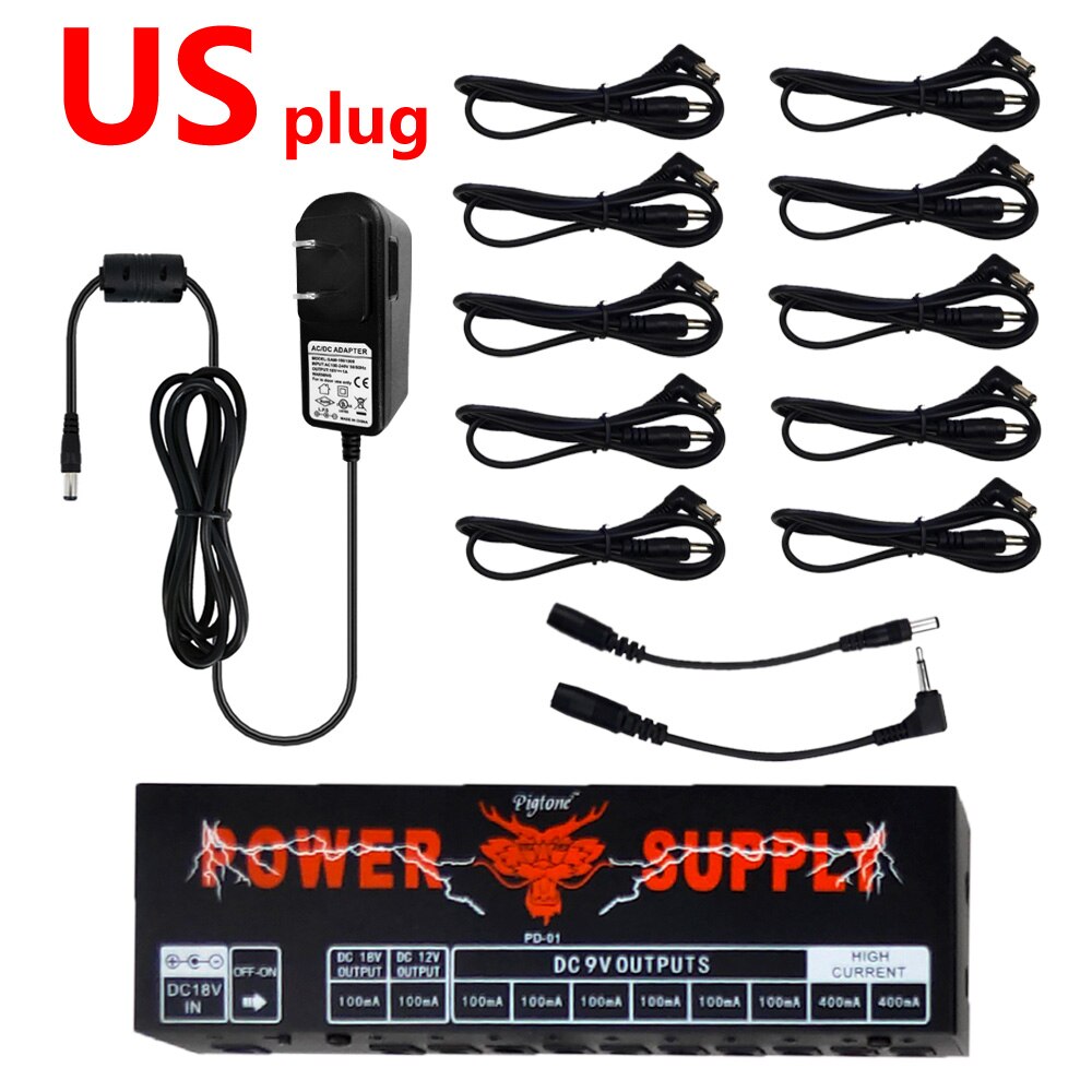 Pigtone PD-01 Power Supply 10 Lsolated Outputs 9V 12V 18V for Guitar Effects Pedal: US plug