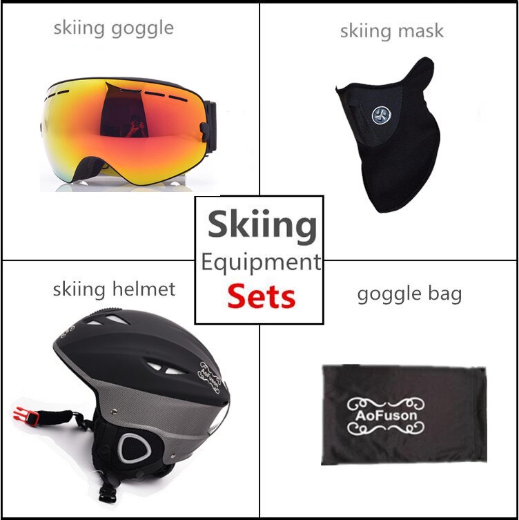 Ski Apparatuur Set Helm Met Goggle Veiligheid Integraal Gevormde Plus Size Plus Fluwelen Helm Dubbele Lagen Anti-Fog bril: Black Frame Red Lens / 59cm-61cm