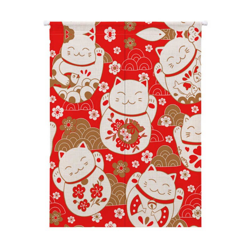Rideau de porte en coton et lin | Motif chat chanceux, rideaux de porte, diviseur de décoration pour la maison, pour chambre à coucher et cuisine: Rouge