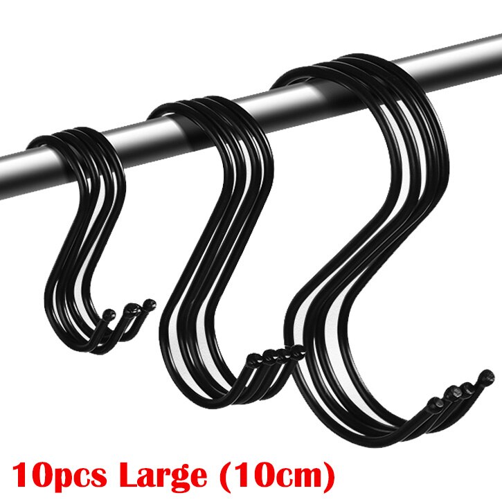 10pcs Stainless Steel S-Shape Hooks Kitchen Bedroom Black Silver Railing S Hanger Hook Clasp Holder Hooks Hanging Storage Tools: 10pcs Black (L)