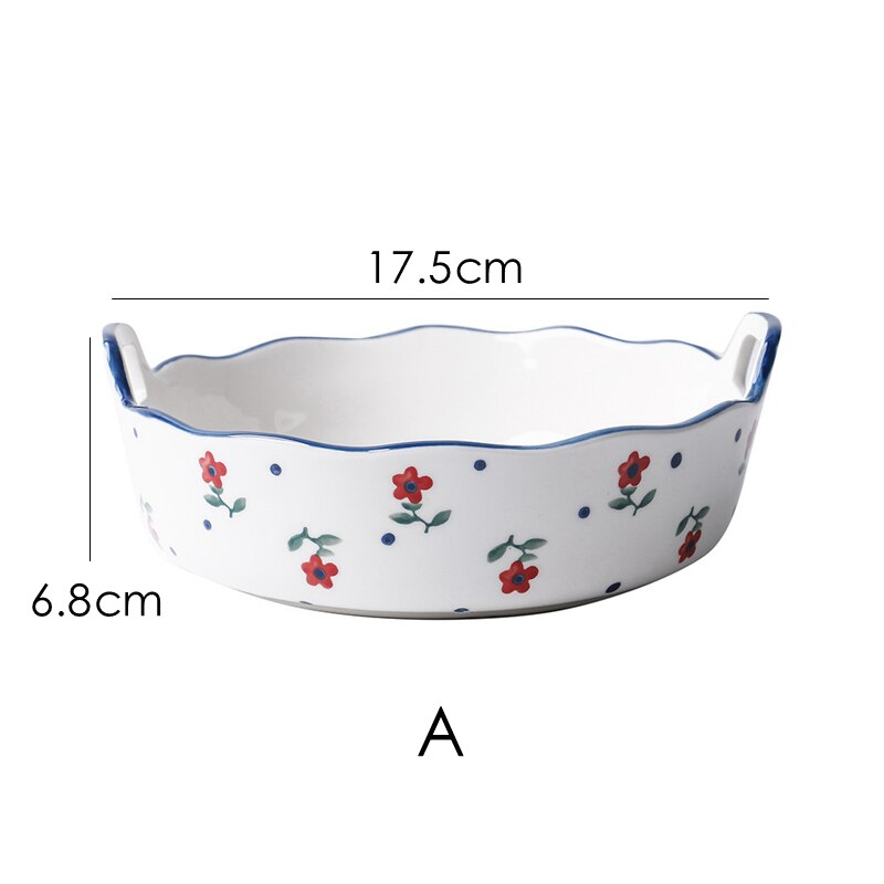 1pc Ceramic Salad Bowl with Double Handle Ramekin Baker Dinner Plate Pasta Tray Dishes Microwave Oven Safe Serving Plate: A