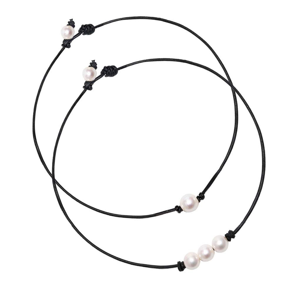 Vrouwen Zwart Lederen Koord Drie Parel Hanger Knoop Choker Ketting Sieraden Koord Geknoopt Kettingen Handgemaakte Sieraden