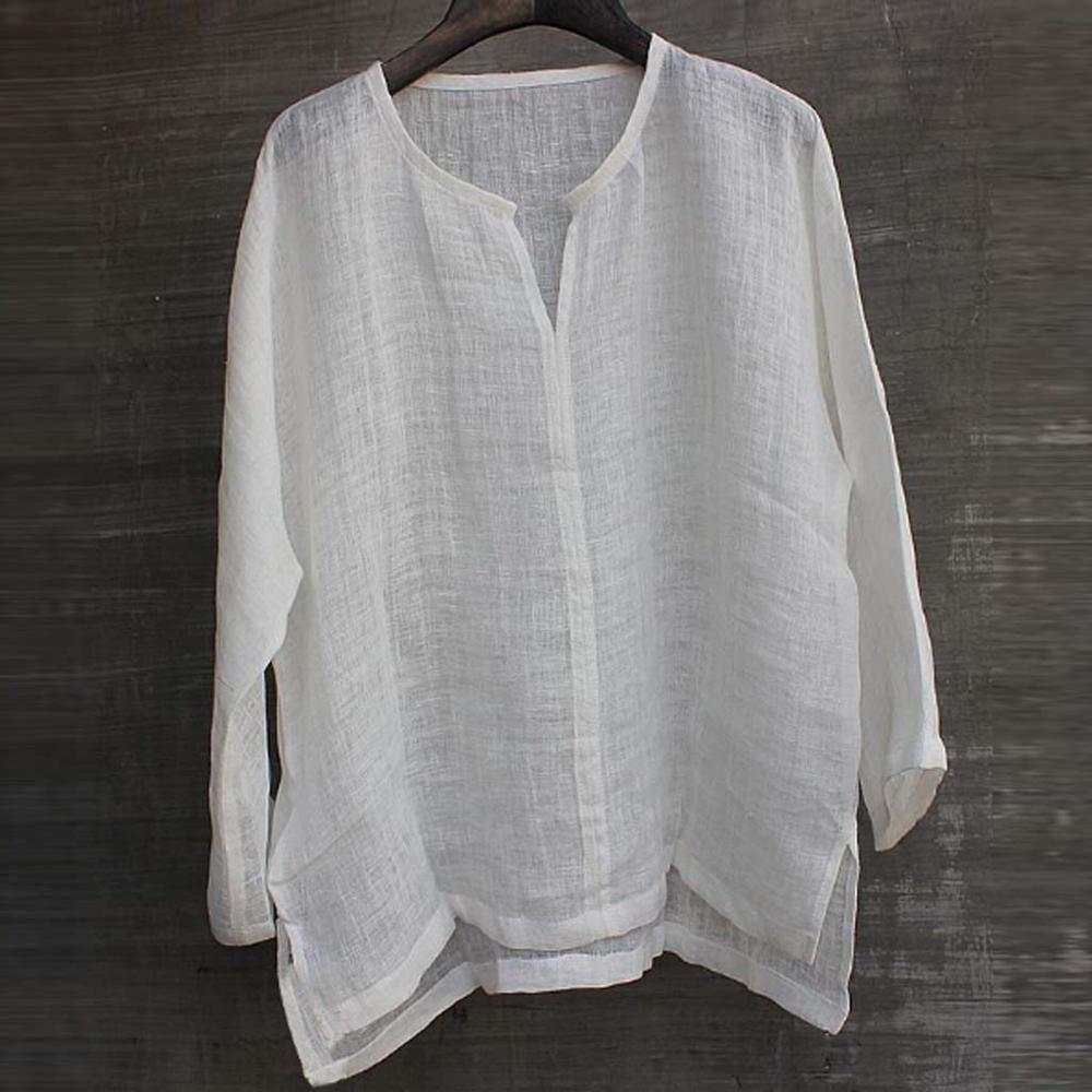 Linnen Mannen Grote Maten Heren Korte Ademend Comfy Effen Kleur Lange Mouwen Losse Casual Blouse Wit Overhemd Mannen: WHITE / 4XL