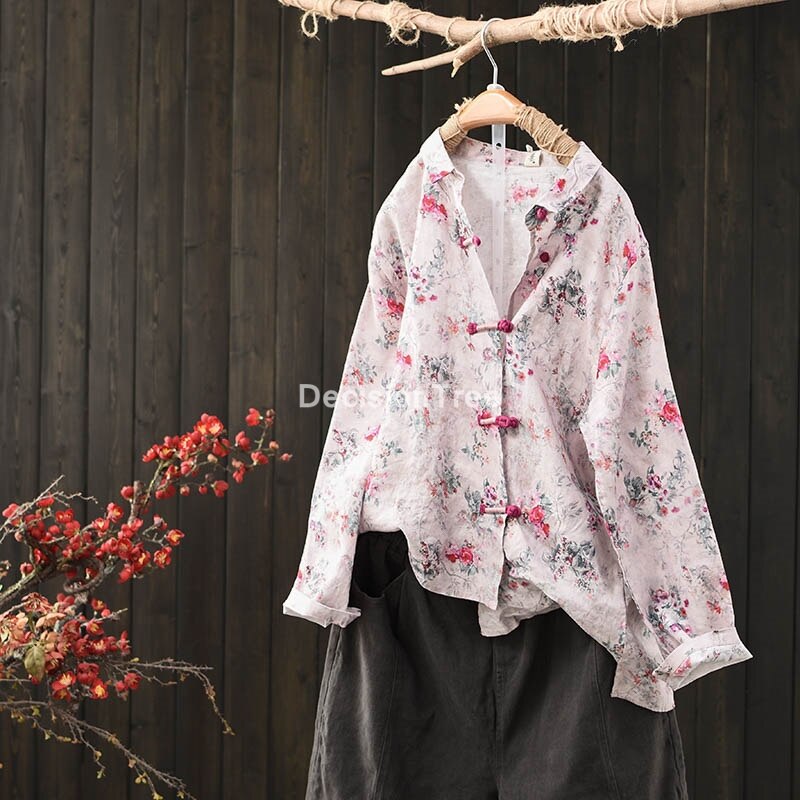 2022 woman traditional chinese clothing top retro flower print hanfu top women tops oriental tang suit chinese blouse: color4