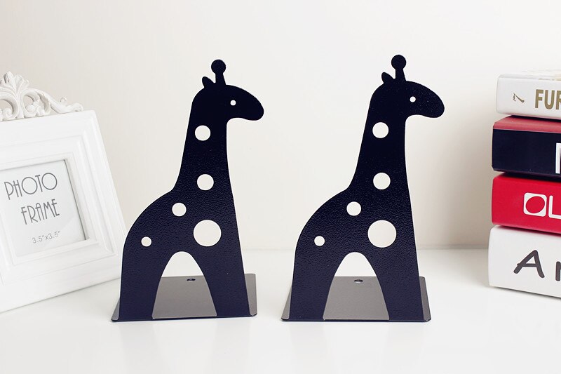 2 Pcs/Set Cute Giraffe and Elephant Book Stand Cartoon Metal Bookend Reading Book Holder Shelf: A