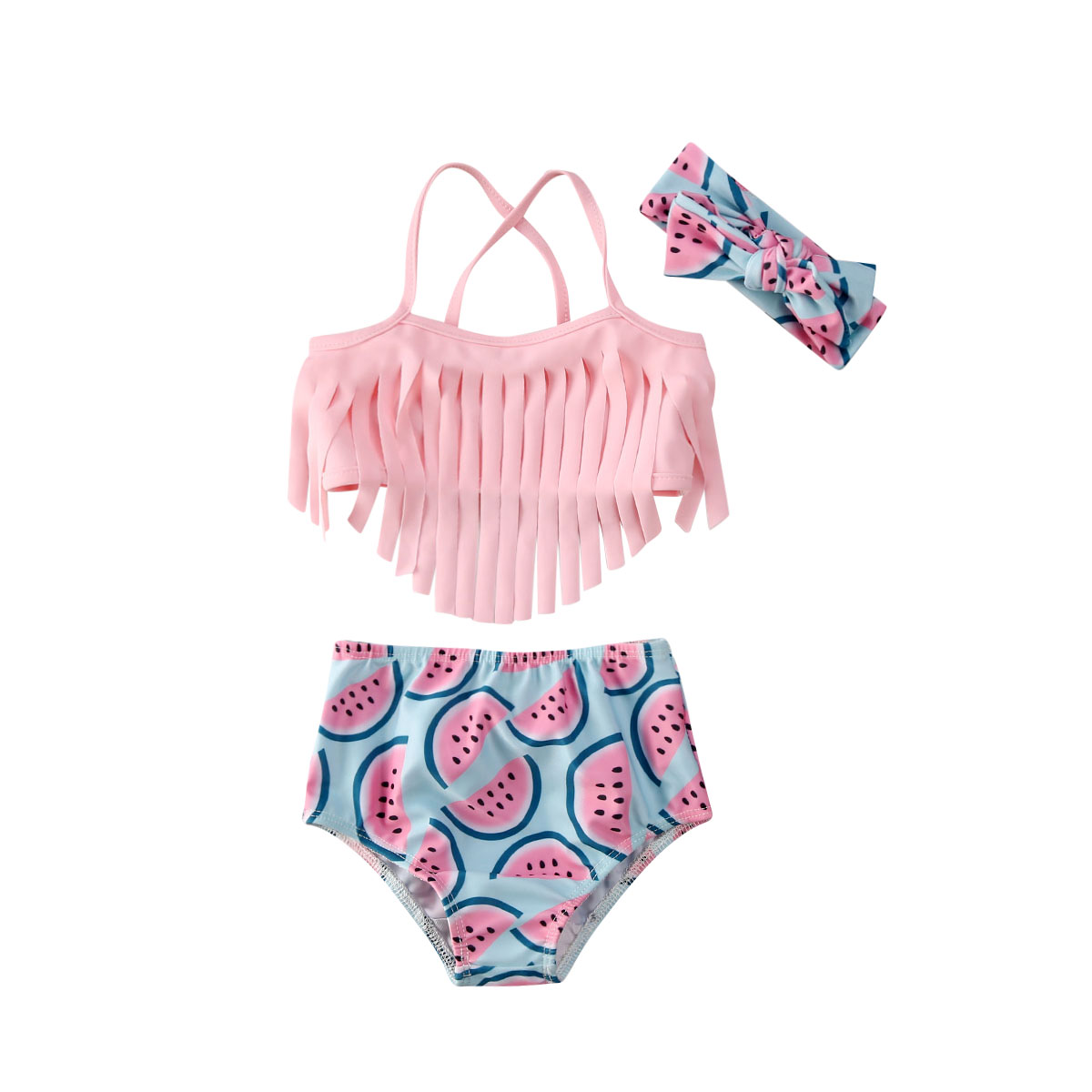 Juego de Bikinis para bebés recién nacidos de 0 a 24 meses, conjunto de Top con flecos y Pantalón corto con moño de sandía, traje de baño para niños, ropa de playa