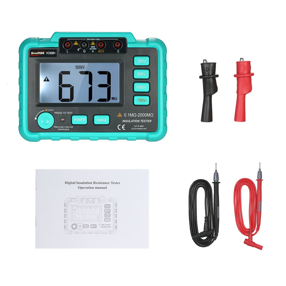 VC60B + Digitale Isolatieweerstandstester 250/500/1000V Dc Lichtgewicht Brede Range Lcd Backlight Megger Megohm meter