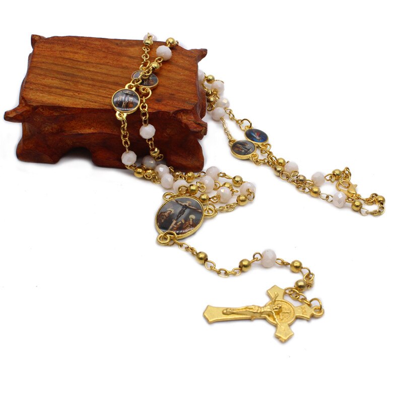 5 stili moda cattolica vergine maria gesù piccola dimensione rotonda perla accessori gioielli catena croce pendente rosario perline collana: Style 3-pink