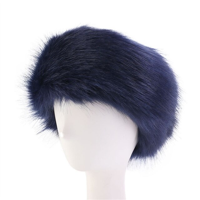 Women Ski Headband Hat Fluffy Winter Warm Ear Flap Faux Fur Cap Fluffy Warm Flap Cap Ear Headband Russian Style: Navy Blue