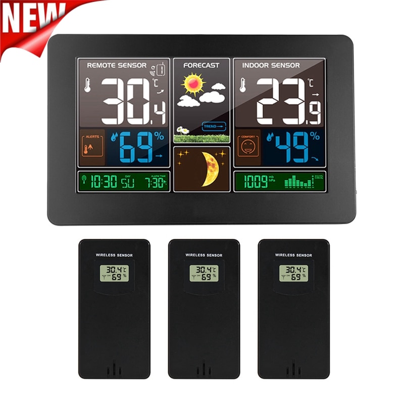 Reloj de pared Digital, estación meteorológica con 3 sensores, termómetro inalámbrico para interior y exterior, higrómetro, barómetro, pronóstico, reloj moderno, 40 ℃