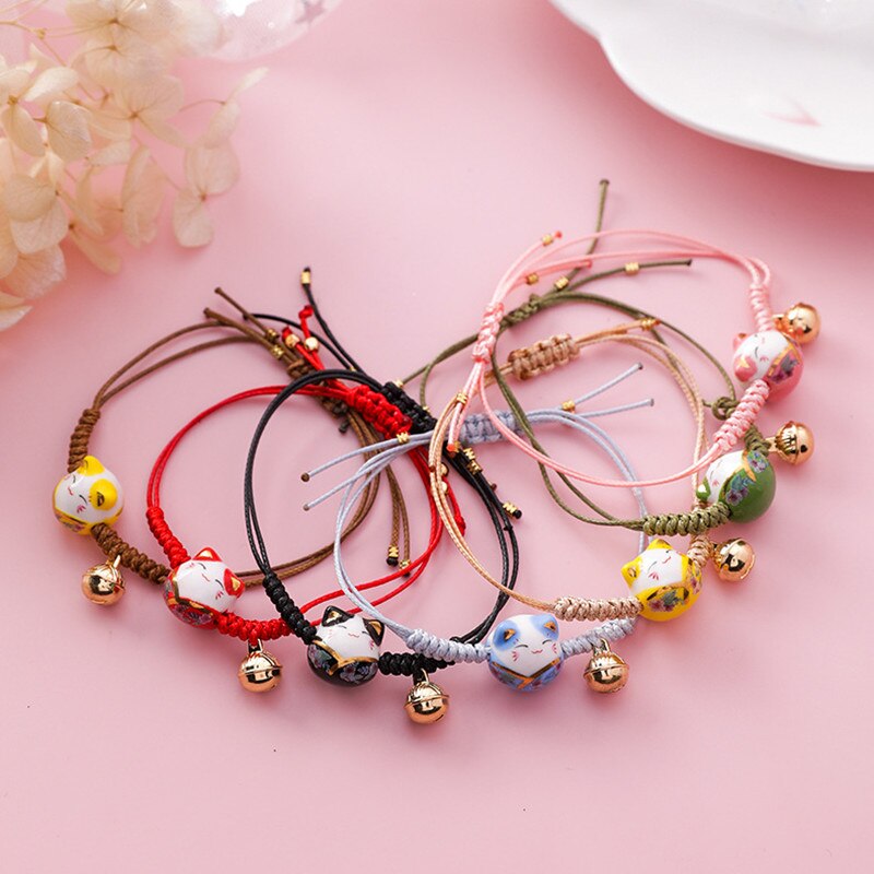 Doreen-pulsera de cuerda de gato de cerámica Kawaii para mujer, brazalete sencillo tejido a mano, cuentas de borla, joyería de de estilo japonés