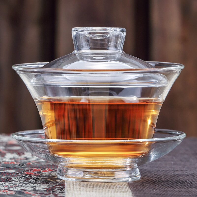 Taza de té de vidrio transparente grande para oficina, tazón de té individual y grueso resistente al calor con tapa