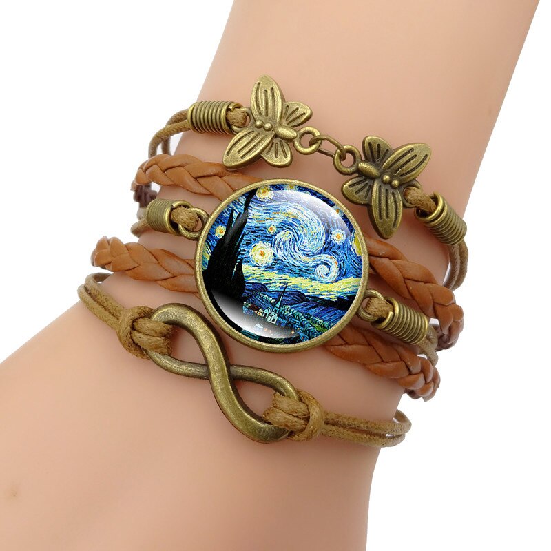 Wg 1Pc Retro Multilayer Pu Geweven Cabochon Armband Van Gogh Starry Sky Starry Night Tijd Gem &amp; Steen armband Sieraden