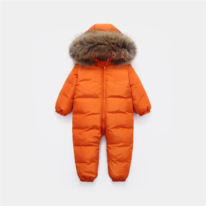 -30 Russian jumpsuit kids winter wear baby boy snowsuit Parka nature fur 90% duck down jacket for girl clothes coat overalls: Orange / 9M