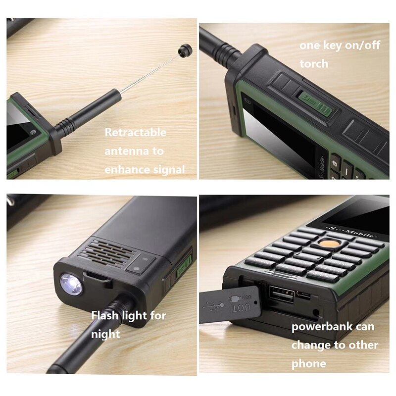 Durável áspero ao ar livre telefone móvel grande potência longa espera antena bom sinal 4 quatro sim 3d alto-falante ebook whatsapp tocha barato