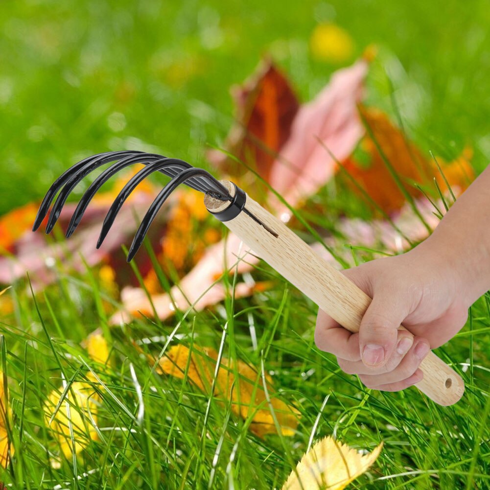 Holdbar 5-- tandes multifunktion haveklorive til nedfaldne blade løsne jord børnehave rengøring træhåndtag have miniværktøj