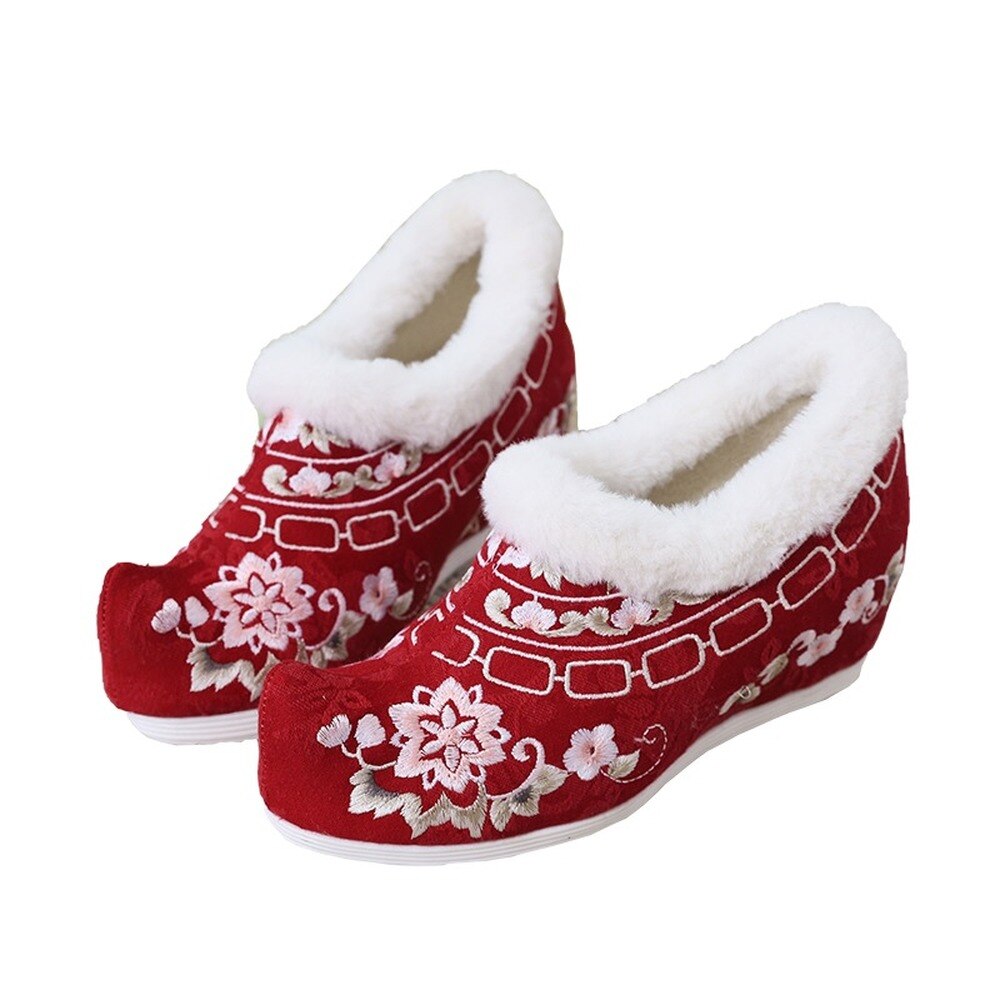 Botines Bordados florales para mujer, forro de piel Hanfu, cálidos zapatos de tacón oculto para nieve, Estilos chinos, 3 colores de princesa