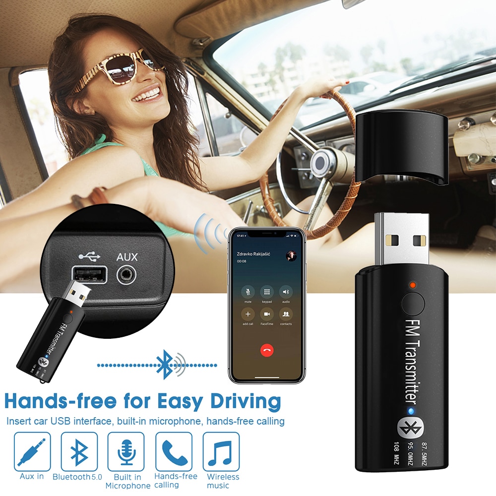 VAORLO Mini nadajnik FM na USB bezprzewodowy samochód zestaw odbiornik Stereo Muic Bluetooth 5.0 Adapter do samochodu z mikrofonem 3.5 AUX Jack