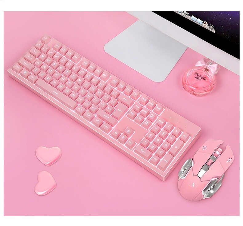 Frauen 2,4 GHz Drahtlose Rosa Tastatur und Maus einstellen für Gamer Notizbuch PC Tastatur Weiß hinterleuchtet und 2400DPI kabellos maus: Rosa einstellen