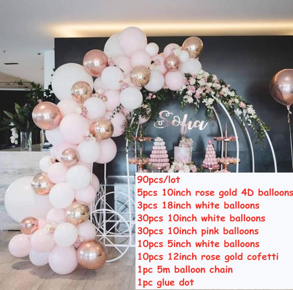 90 Uds bebé rosa blanco oro rosa 4D globo Garlan arco Kit confeti látex globos Boda nupcial de cumpleaños decoración guirnalda