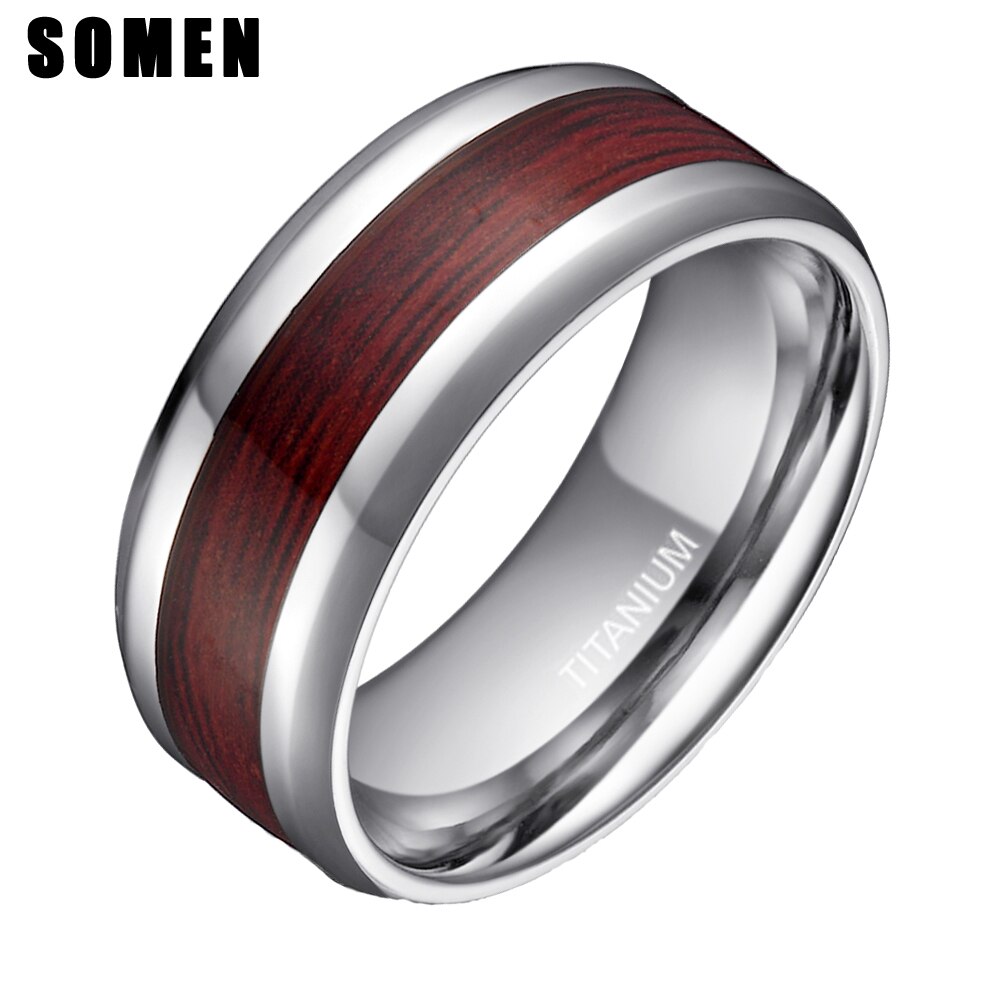 Somen 8Mm Mannen Echt Hout Inlay Titanium Ring Wedding Band Mode Houten Mannelijke Engagement Ring Anillos Hombre Usa maat 5 - 14