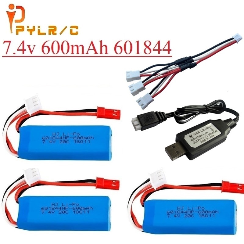 Upgrade 7.4V 600mAh 601844 Lipo Battery with USB charger for WLtoys K969 K979 K989 K999 P929 P939 RC Car Parts 2s 7.4v Battery: 3B USB C