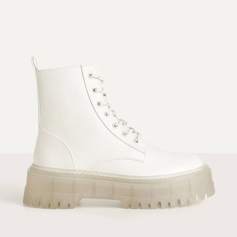 PVC Transparent talon bottines pour femmes blanc à lacets plate-forme bottes femmes automne INS femmes grosse moto bottes: White Boots / 5