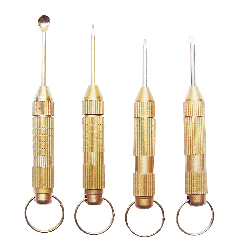 Draagbare 4-In-1 Multi Tool Set Cross Schroevendraaier Tandenstoker Priem Oor Pick Pin Koperen Sleutelhanger