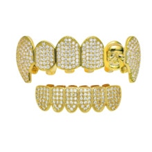 Goud Zilver Kleur Hip Hop Fang Tanden Caps Zirconia Top & Bottom Clown Schedel Grills Set: gold