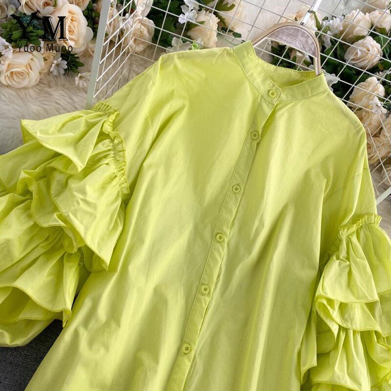YuooMuoo-vestido verde con volantes de manga larga para otoño, Vestido camisero con una hilera de botones para mujer