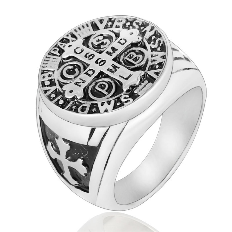 Stainless Steel Catholic Patron Saint St Benedict of Nursia Holy Medal Cross Ring Mens Punk Jewelry VRSNSMV SMQLIVB NDSMD CSSML