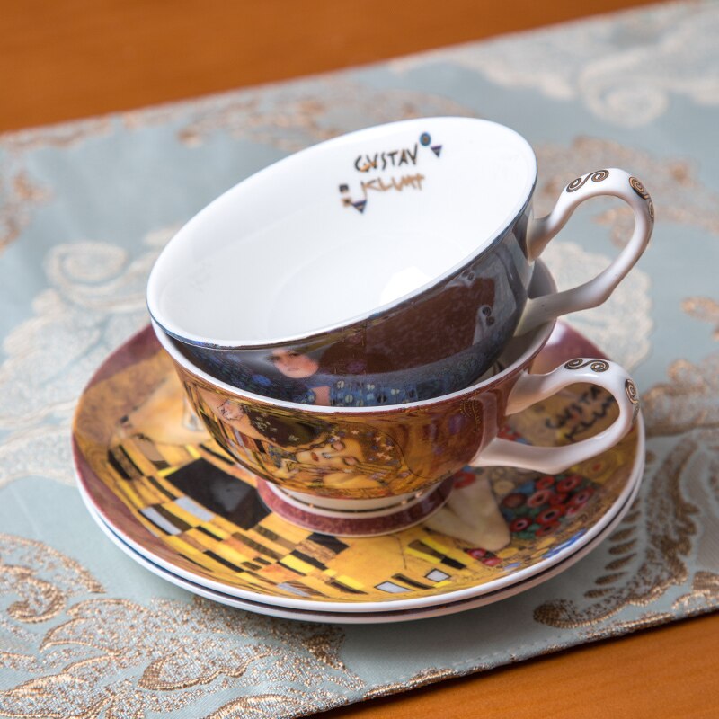Klimt oljemaleri fint bein Kina te kaffekopp og tallerken sett