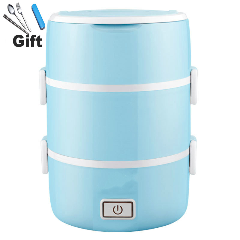 220V 2~4 Layers Electric Heated Lunch Box Set 200W Multifunctional Food Warmer Mini Rice Cooker Warmer for Students Dormitory: blue-A-3 layer