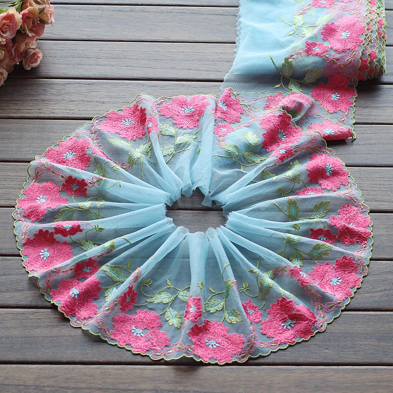2yards/lot 18cm wide Embroidered Tulle Lace trim mesh lace trim ~ Blue + rose ~beautiful