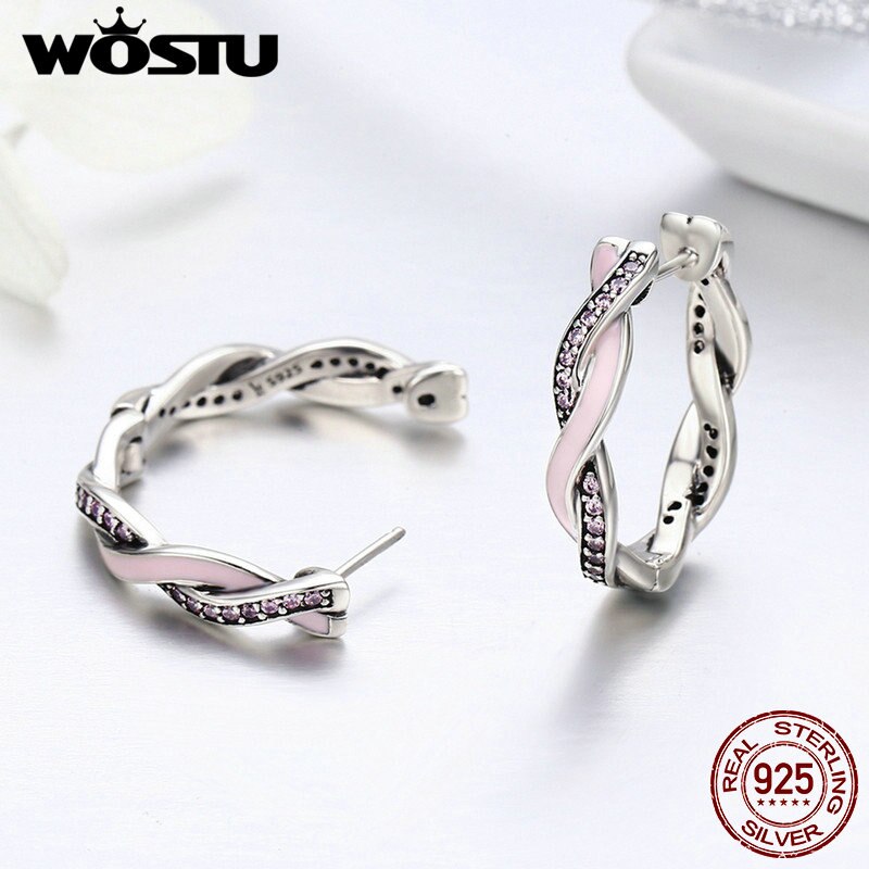 WOSTU Authentische 100% 925 Sterling Silber Rosa & klar CZ Twist Von Schicksal Band Ohrringe für Frauen Ohrringe Schmuck BKE297