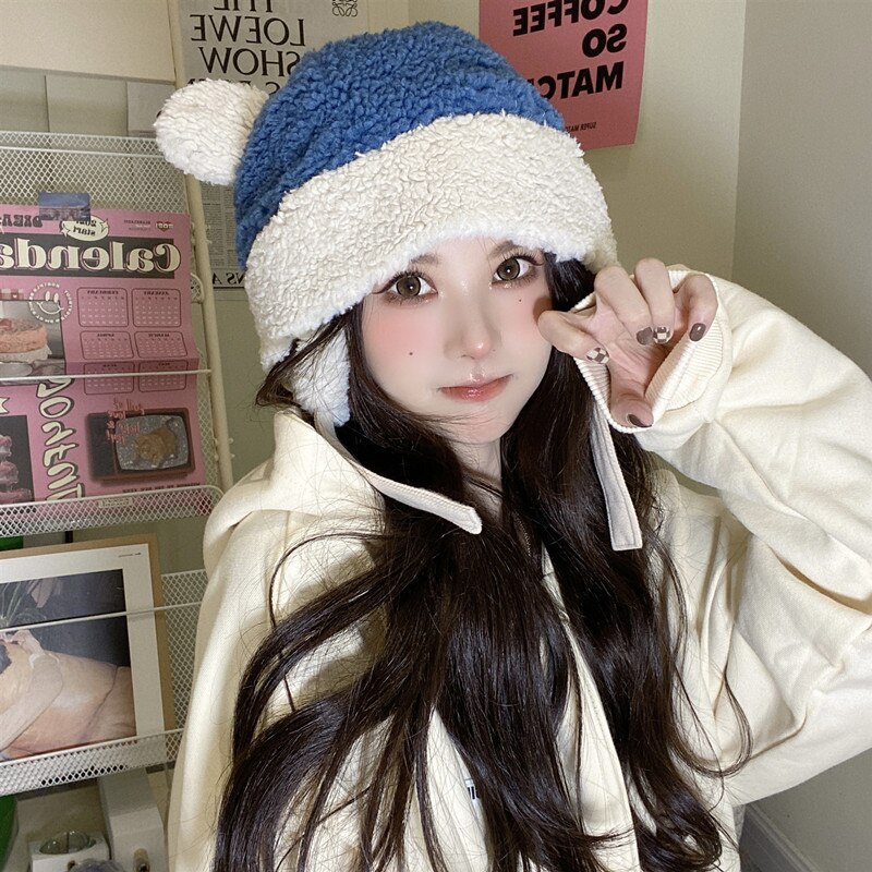 Sombreros de mujer adecuados para cara redonda de felpa, protección para las orejas, orejas de oso, otoño e invierno, sombrero cálido, gorra de bombardero japonesa