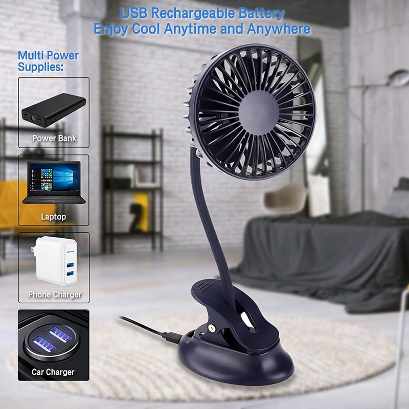 Mini Clip portátil ventilador de cochecito, 3 velocidades ajustes, Flexible Usb recargable con pilas operado silencioso ventilador de escritorio para el hogar,