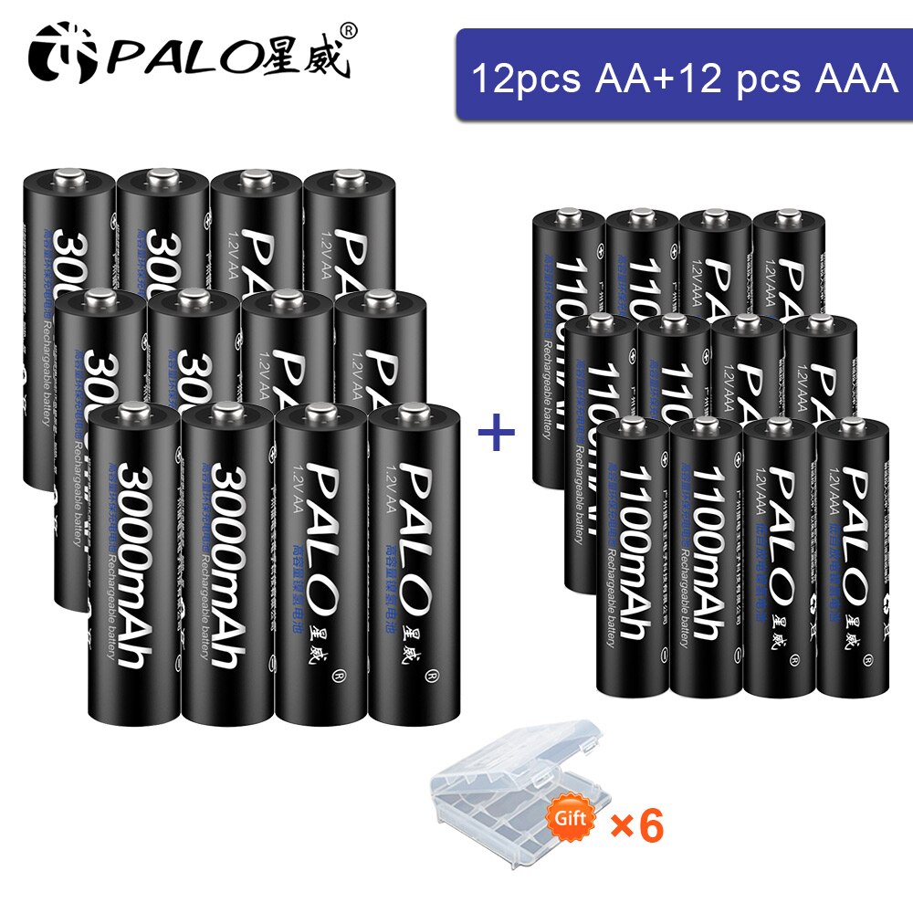 Palo 1.2V Aa Oplaadbare Batterij Aa + Aaa Batterij Oplaadbare Aaa 1.2V Ni-Mh Batterij + Smart Charger Aa aaa Batterij Oplader: 12AA and 12AAA