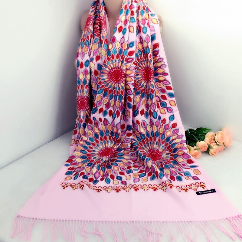 Vrouwen dikke kasjmier sjaals tibetaanse nepal zonnebloem sjaal borduurwerk kwast lange sjaal warme pashmina gebreide dames: 04