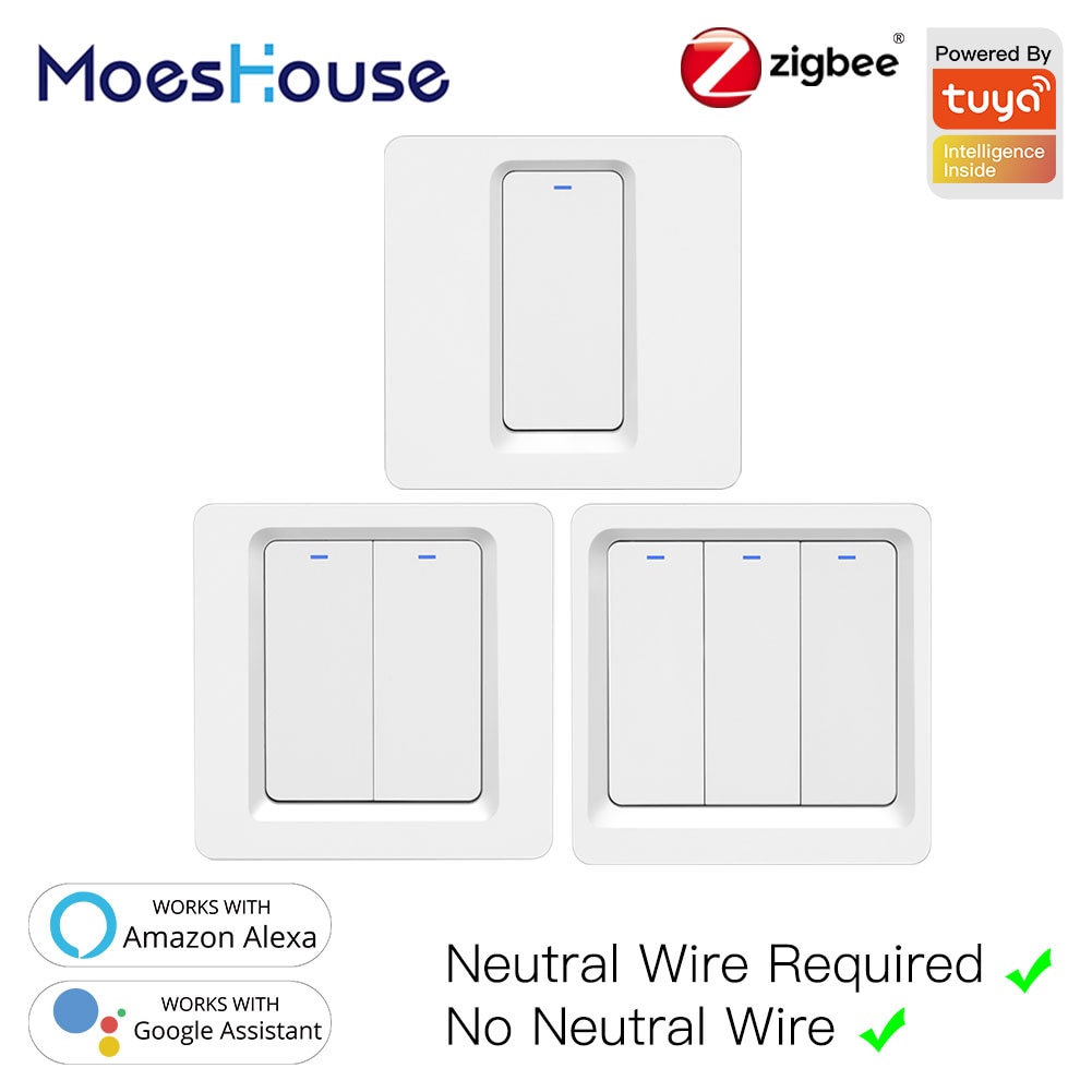 Interruptor de pared inteligente con control por aplicación móvil, pulsador de luz sin cable neutro, necesario N + L, compatible con Tuya, Zigbee, Alexa y Google Home