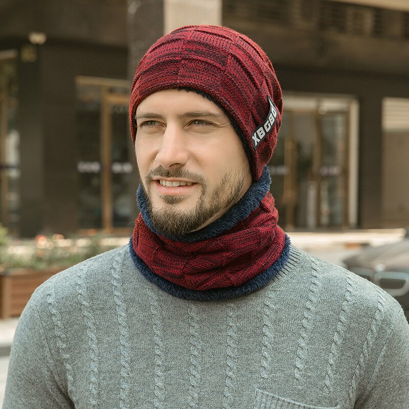 Ensemble de bonnets et écharpes en tricot pour hommes et femmes, couvre-chef avec doublure polaire épaisse pour le cou: red